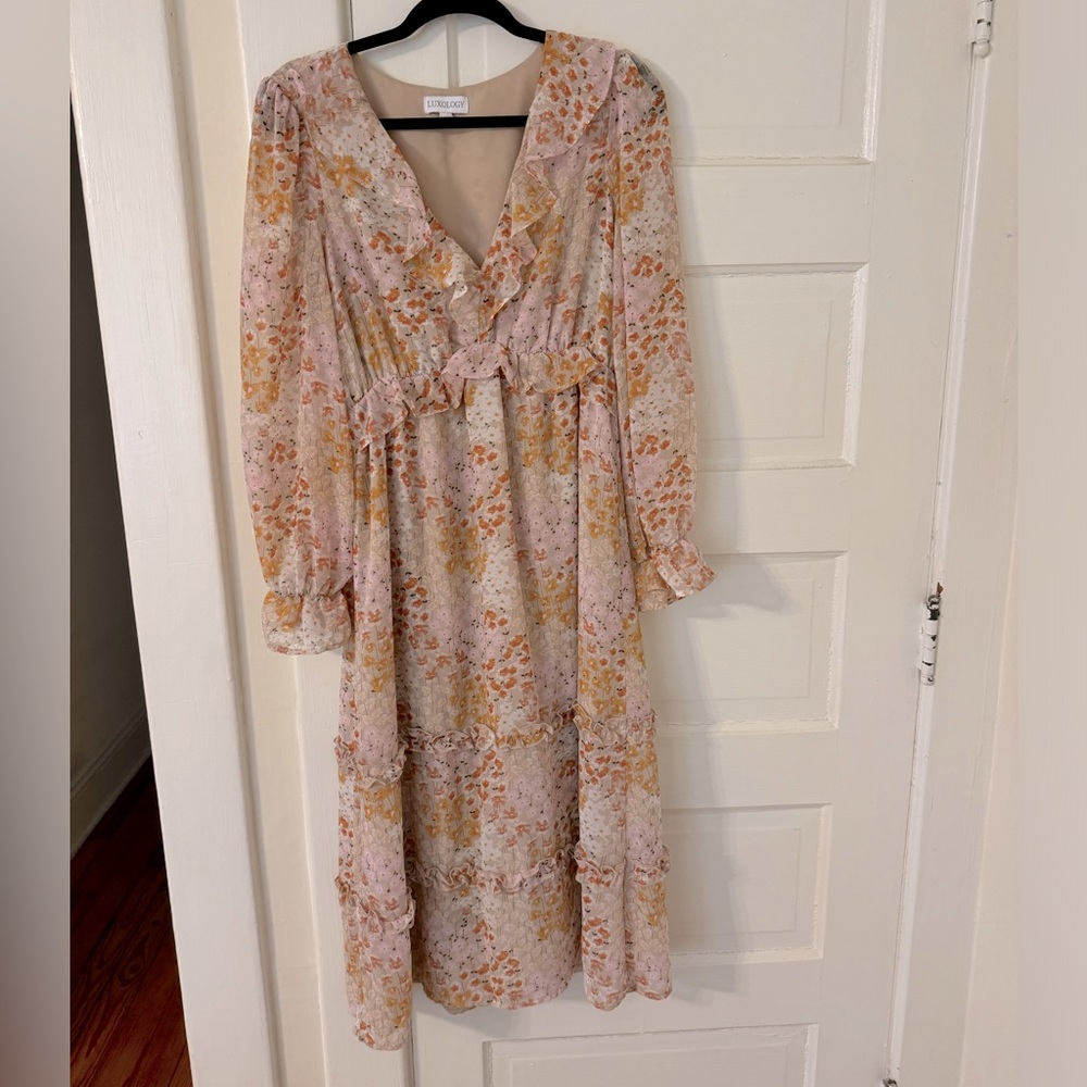 Long sleeve empire waste floral midi dress